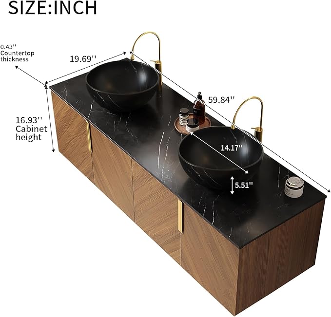 60" Double Sink Bathroom Vanity with Sink Combo, Floating Bathroom Vanities with Vessel Sink, Wall-Mounted Plywood Bathroom Vanity Cabinet with Doors, Brown Oak