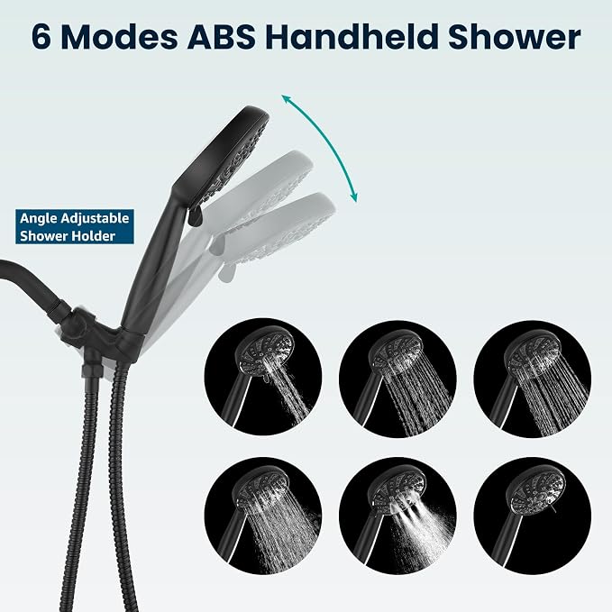 gotonovo Shower Faucet Set with Valve Kit 6 Mode Handheld Matte Black | Bathroom Shower Head and Handle Set,6 Modes ABS Handheld Spray,Pressure Balance Valve and Trim Kit Complete,Single-Handle
