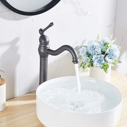 GGStudy Bathroom Faucet 360° Swivel Single-Handle One Hole Bathroom Vessel Sink Faucet Matching Pop Up Drain Grey Farmhouse Bathroom Vanity Faucet
