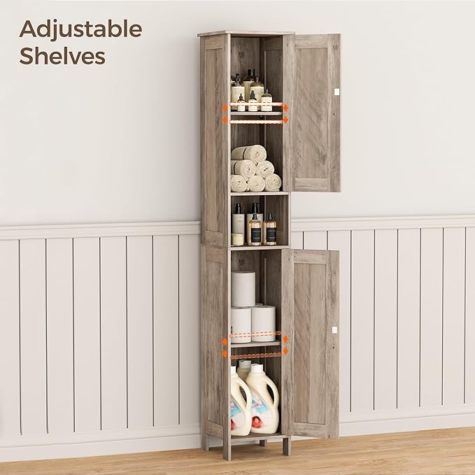 Tall Bathroom Storage Cabinet with 2 Doors, 67"H Narrow Storage Cabinet with Adjustable Shelves& Anti-Tip Design, Reversible Door Installation, Easy Assembly, 11.8 x 11.8 x 66.9 Inches, Greige