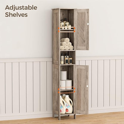 Tall Bathroom Storage Cabinet with 2 Doors, 67"H Narrow Storage Cabinet with Adjustable Shelves& Anti-Tip Design, Reversible Door Installation, Easy Assembly, 11.8 x 11.8 x 66.9 Inches, Greige