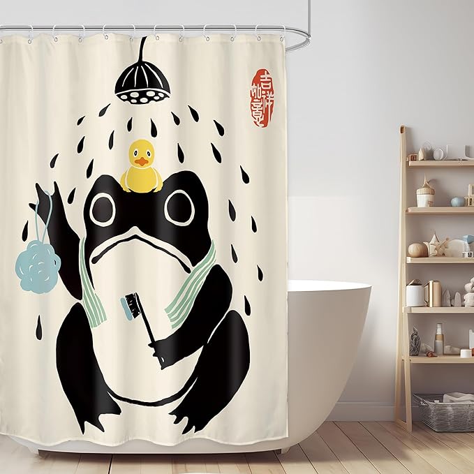 LGhtyro Funny Frog Shower Curtain Bathroom Set 54Wx78H Inches Retro Asian Traditional Cute Animal Japanese Style Black Beige Rubber Duck Bath Accessories Frog Art Home Decor Fabric 12 Pack Hooks