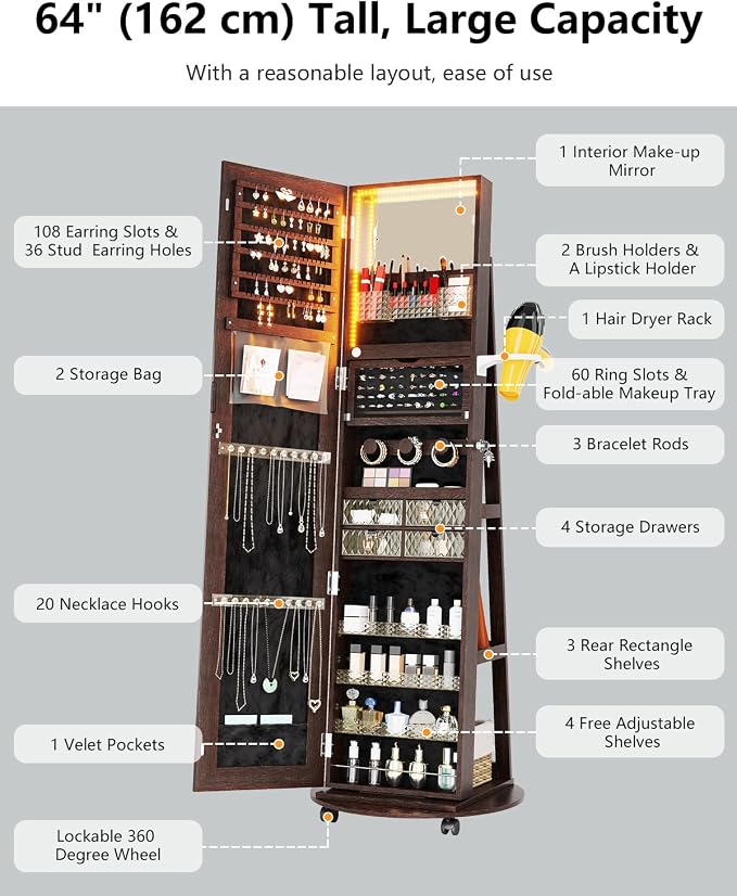 360 Rotating Jewelry Armoire Organizer with Lights, Lockable Cabinet Standing, Perfect for Christmas Gifts (Brown)
