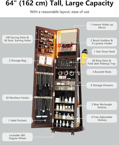 360 Rotating Jewelry Armoire Organizer with Lights, Lockable Cabinet Standing, Perfect for Christmas Gifts (Brown)