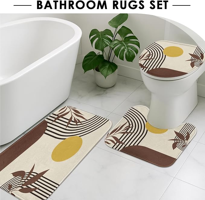 Boho Bathroom Sets with Shower Curtain and Rugs, 4 Pcs, Mid | Century Abstract Geometric Modern Bathroom Decor Set with Toilet Lid Cover, Non-Slip Bath Mats and Accessories 12 Hooks