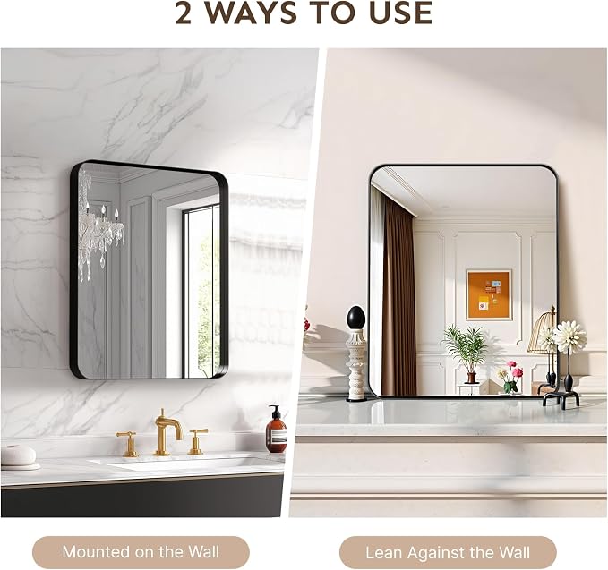 20"x16" Bathroom Vanity Mirror for Wall Aluminum Framed Farmhouse Rectangle | Anti-Rust, HD Reflection Anti-Desilvering, Distortion Free, Tempered and Shatter-Proof Wall Mounted Mirror, Black
