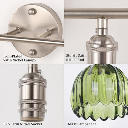 Bathroom Light Fixtures, 2-Light Vanity wall Light Over Mirror with Green Tulip Glass Shade for Bedroom Living Room (Bulb Not Included), Satin Nickel