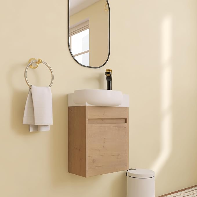 16 inch Floating Bathroom Vanity with Sink, 16'' Wall-Mount Single Sink Vanity with Soft-Close Door & White Ceramic Top, for Small Space, Modern Bathroom Storage Cabinet (029-16IMOX)
