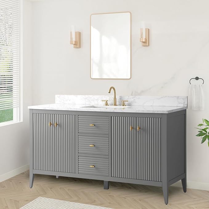 HOMEBEYOND 60" Bathroom Vanity with Single Sink, Solid Wood Bathroom Vanity Free-Standing Cabinet, Ceramic Top & Soft Closing Door, Golden Brushed Handware, Cashmere Gray