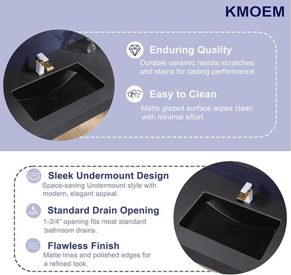 Black Undermount Bathroom Sink 27.3x16.5 Inch Vessel Sink Rectangular | Bathroom Sink Matte Black Bathroom Under Counter Lavatory Vanity Sink Basin Porcelain Ceramic Undermount Sinks with Overflow