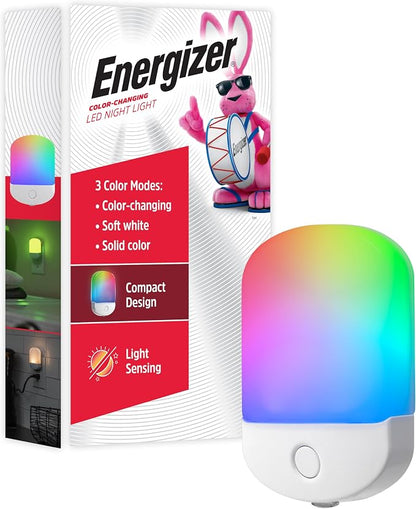 Energizer LED Color-Changing Plug in Night Light, Red, Green, Blue, Purple | Auto-On RGB Nightlight Plug into Wall for Kids, Adults, Girls, Boys, Toddlers, Bedroom, Bathroom, Hallway, 81567