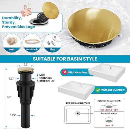 gotonovo Vessel Sink Faucet 360° Swivel Spout Single Handle Tall Bathroom Faucet 1 Hole Farmhouse Lavatory Washbasin Mixer Tap Matching Supply Hoses, with Pop Up Drain, Brushed Gold