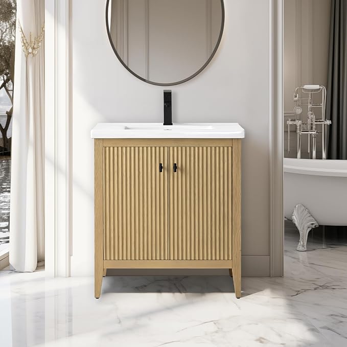 Vanity Art 30 inch Oak Bathroom Vanity with Single Sink & Ceramic Top, Vanity Cabinet with Soft-Closing Door, Solid Wood Frame, Linear Pattern, Natural Oak, VA9130-NO-MB,Matte Black Handles