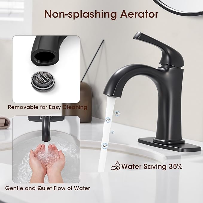 Matte Black Single Hole Bathroom Faucet, Single Handle Brass Bathroom Sink Faucet, Lavatory Vanity Faucet for 1 or 3 Holes, Bathroom Faucets with Pop Up Drain and Supply Lines, Deck Plate