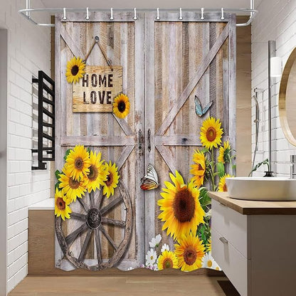 Rustic Spring Summer Sunflowers Butterfly Shower Curtain for Bathroom, Wooden Board Western Barn Door Farmhouse Bath Curtain, Fabric Vintage Daisy Floral Botanical Decor Curtain with Hooks, 48X70IN