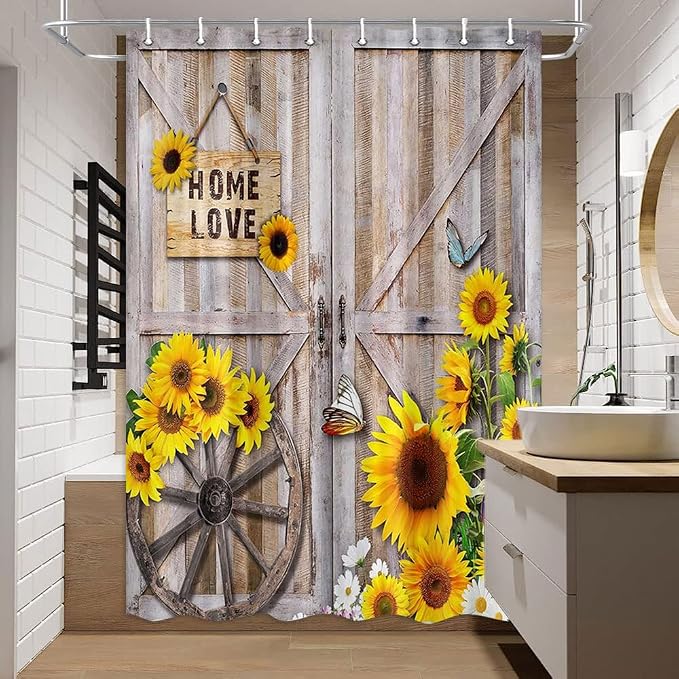 Rustic Spring Summer Sunflowers Butterfly Shower Curtain for Stall Cabin, Wooden Board Western Barn Door rv Bath Curtain, Fabric Vintage Daisy Floral Botanical Decor Curtain with Hooks 47X64 IN