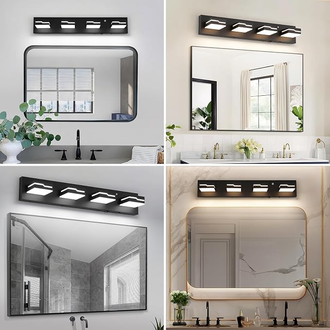 LED Wireless Motion Sensor Modern Bathroom Vanity Light Fixtures 4-Light, 25.5 inch 3CCT Dimmable Black Auto-Off Vanity Lights for Bathroom Lighting, with 350° Rotatable Acrylic Heads