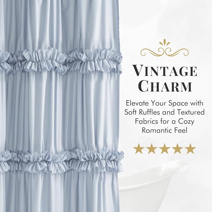 LIPA Boho Rustic Fog Blue Ruffle Shower Curtain 72x78 Inches | Farmhouse Shower Curtains for Bathroom,Water‑Resistant Fabric Shower Curtain,Bohemian Bathroom Decor