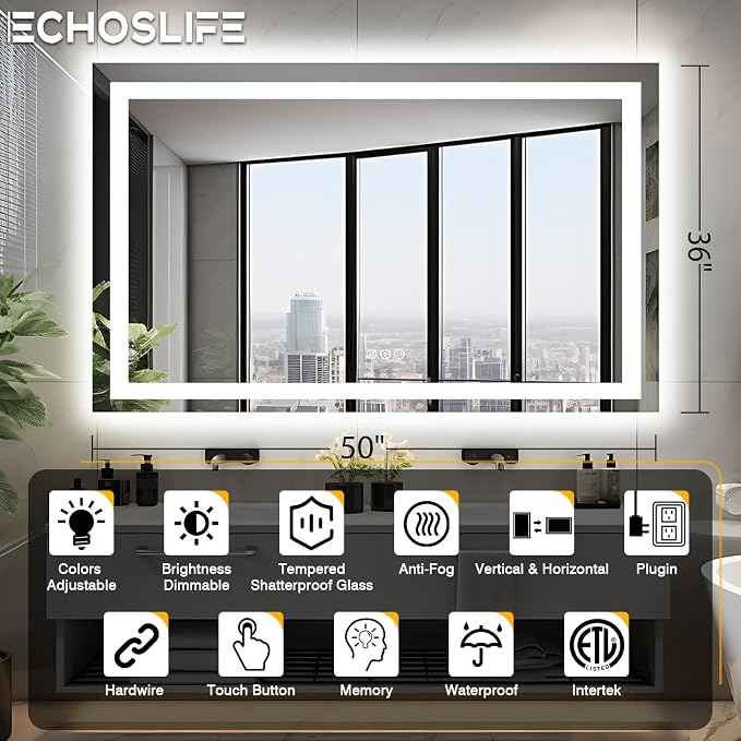EchosLife 50"x36" Lighted Mirrors for Bathroom Wall | Backlit + Front Lit, Anti-Fog, Stepless Dimmable, 3 Colors, Memory, Tempered Glass, UL Listed, Horizontal/Vertical