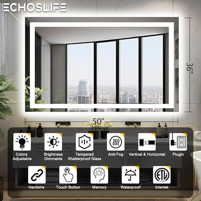 EchosLife 50"x36" Lighted Mirrors for Bathroom Wall | Backlit + Front Lit, Anti-Fog, Stepless Dimmable, 3 Colors, Memory, Tempered Glass, UL Listed, Horizontal/Vertical