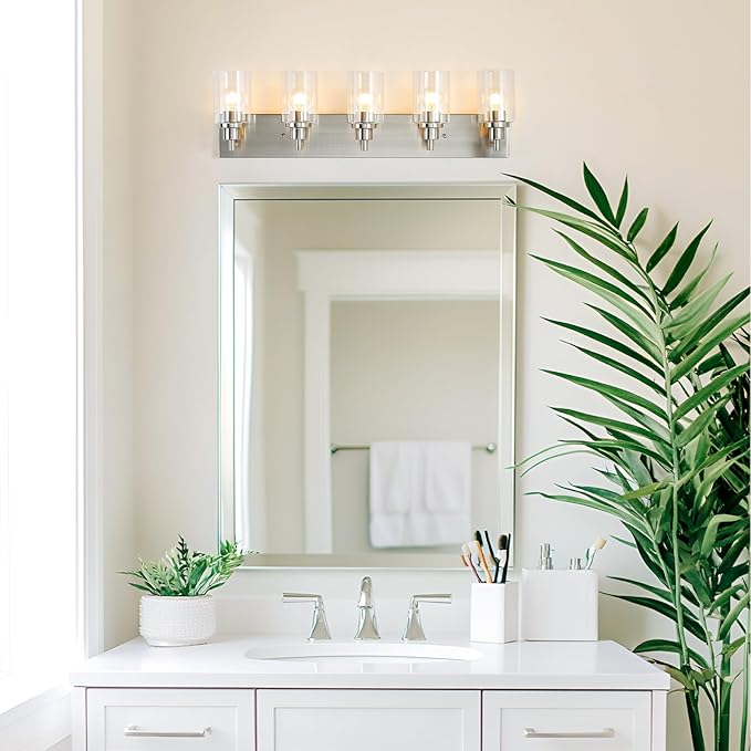 LOUSACE 5 Light Bathroom Vanity Light Brushed Nickel, Bathroom Lighting Fixtures with Clear Glass Shades Over Vanity Mirror, Modern Wall Sconces Fixtures for Bedroom Living Room, E26 Socket