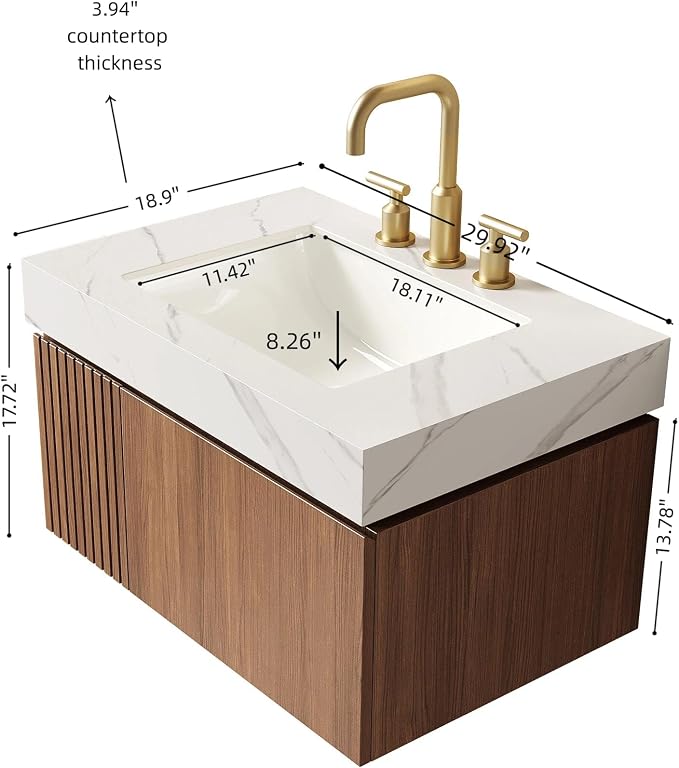 KEIKI 30 Inch Floating Bathroom Vanity with Sink, Brown Oak & White | Modern Wall Mounted Storage Cabinet w/ Drawer & Door, Pre-assembled Wood Panels, Sintered Stone Top & Ceramic Basin Combo Set