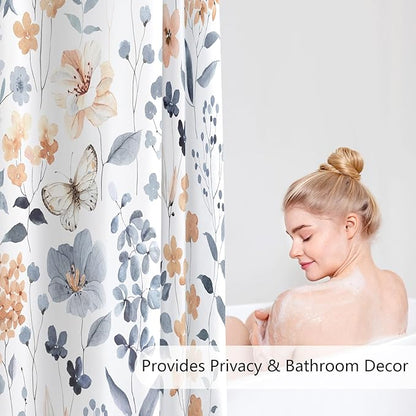 Extra Long Shower Curtain 72 x 96 Inch, Floor to Ceiling X-Long Blue Floral Shower Curtains, Watercolor Flower Butterfly Fabric Shower Curtain Set with Hooks