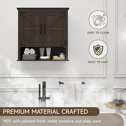 HollyHOME Bathroom Wall Cabinet, Farmhouse Barn Door Wood Medicine Cabinet with Adjustable Shelves, Wall-Mounted Over-The-Toilet Storage, Dark Brown