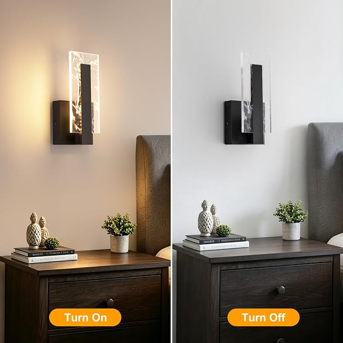 LED Wall Sconces Set of Two, Hardwire Modern Wall Sconces, 3000K Warm White Light Black Wall Lights, Acrylic Bedside Wall Mount Light for Hallway, Bedroom, Study, Living Room Indoor, 2 Packs