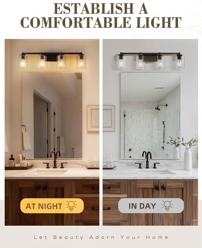Beionxii 34In Farmhouse Bathroom Light Fixtures,Rustic Vanity Light Fixture | 4-Light Bathroom Vanity Light Fixture, Seeded Glass Shade, Oil Rubbed Bronze Over Mirror for Bathroom Living Room, BXMB9002-4