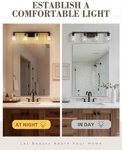 Beionxii 34In Farmhouse Bathroom Light Fixtures,Rustic Vanity Light Fixture | 4-Light Bathroom Vanity Light Fixture, Seeded Glass Shade, Oil Rubbed Bronze Over Mirror for Bathroom Living Room, BXMB9002-4