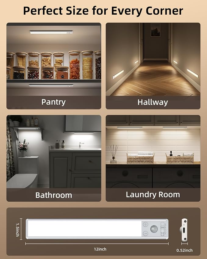 EZVALO Under Cabinet Lighting, 3500mAh Rechargeable Motion Sensor Light Indoor, 3 Color Temps, 5-Level Dimmable Magnetic Wireless Closet Lights for Kitchen, Pantry, Stairs (2 Pack)