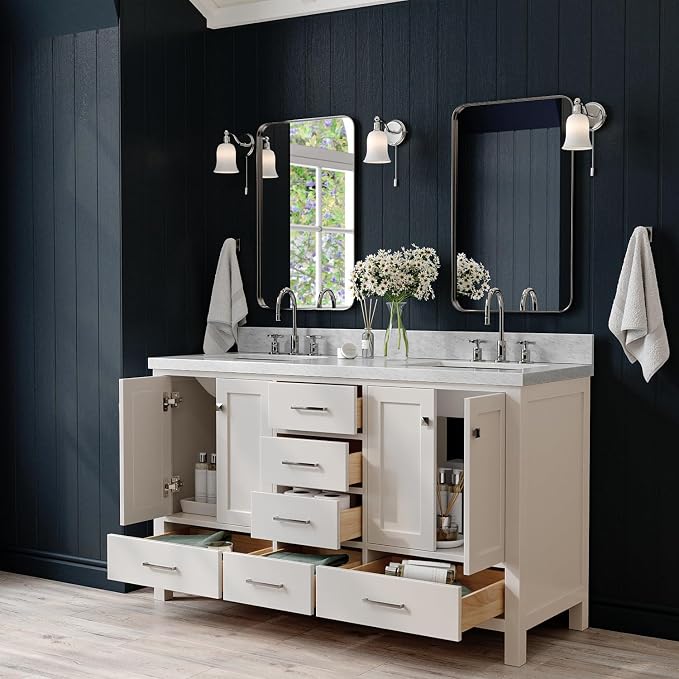 ARIEL Cambridge 60-inch Bathroom Vanity with Sink,Solid Wood, 1.5-inch Italian Carrara Marble Countertop, Double Rectangular Porcelain Sink, 4 Soft Closing Doors, 6 Dovetail Drawers, Grey