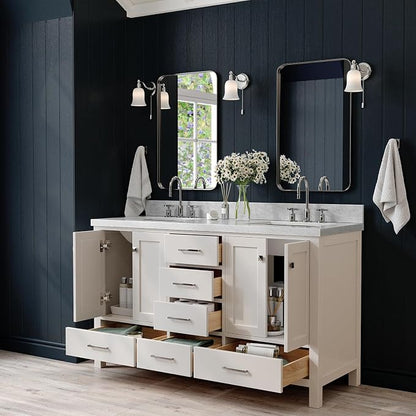 ARIEL Cambridge 60-inch Bathroom Vanity with Sink,Solid Wood, 1.5-inch Italian Carrara Marble Countertop, Double Rectangular Porcelain Sink, 4 Soft Closing Doors, 6 Dovetail Drawers, Grey