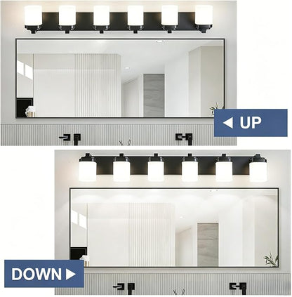 Vanity Lights, Modern Bathroom Light Fixtures Wall Sconce Light | 6-light black bathroom light fixtures over mirror with milky white square glass shade, 45 Inches farmhouse lighting fixtures