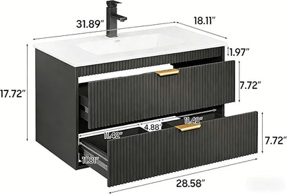 Vabches 30 Inch Bathroom Vanity with Sink, Wood Grain Wall Mounted Vanity with 2 Storage Darwers, Floating Bathroom Vanity with Storage, Bathroom Floating Vanity with Sink, Faucet, Drain, Black