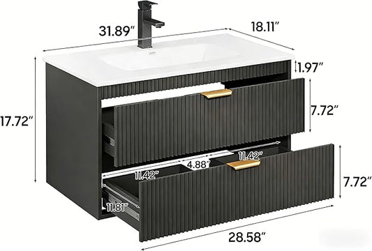 Vabches 30 Inch Bathroom Vanity with Sink, Wood Grain Wall Mounted Vanity with 2 Storage Darwers, Floating Bathroom Vanity with Storage, Bathroom Floating Vanity with Sink, Faucet, Drain, Black