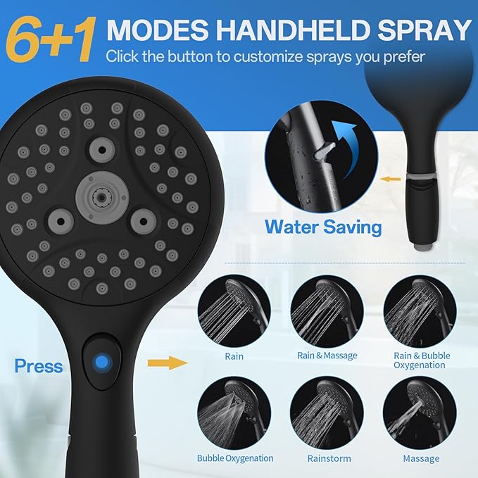 High Pressure Rainfall Shower Head with Handheld Combo: Upgrade Dual Shower Head with 10 Inch Fixed Rain Showerhead and 7 Sprays Handheld Shower Head, Adjustable Height (Up to 13.4"), 71" Hose (MB)