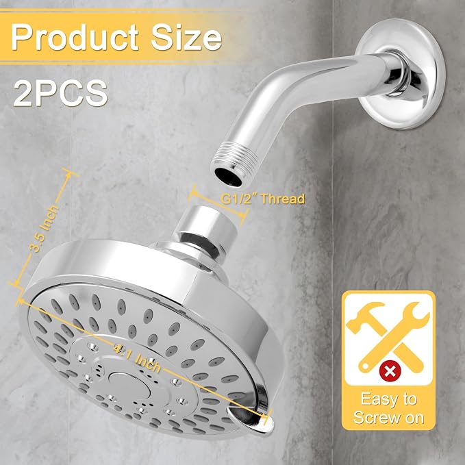AISOSO Shower Head 2PCS,5-Mode High-Pressure Showerhead 4.1",Bright Silver