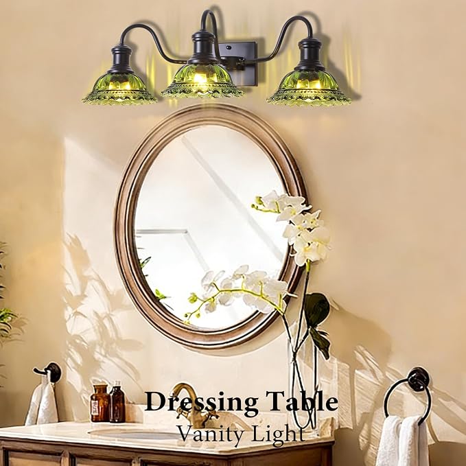 Vintage Vanity Lights 3-Light, Black Bathroom Lights with Green Shade, Glass Bathroom Light Fixtures Over Mirror, Farmhouse Wall Sconce for Bathroom, Vanity Table, Entryway, Hallway