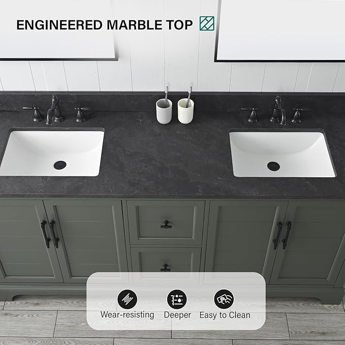 HOMEBEYOND 72 Inch Bathroom Vanity with Double Sink & Ceramic Top, Vanity Cabinet with Center Countertop Basin, Soft-Closing Doors, Backsplash, Vintage Green