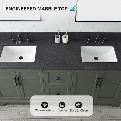 HOMEBEYOND 72 Inch Bathroom Vanity with Double Sink & Ceramic Top, Vanity Cabinet with Center Countertop Basin, Soft-Closing Doors, Backsplash, Vintage Green
