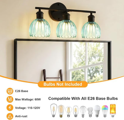Bathroom Light Fixtures, 3-Light Brushed Black Vanity Lights for Bathroom with Blue Tulip Glass Shade, 20" Vintage Bathroom Vanity Lighting Fixtures Over Mirror for Bedroom Living Room Hallway