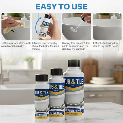 Tub and Tile Paint, 3.5 oz Tub Paint for Bathtub, 1-Part Bathtub Touch Up Paint White for Sink Bathroom Kitchen Countertop, Water Based & Low Odor, Semi-Gloss white,5-5.5 sq ft (No Need Part B)