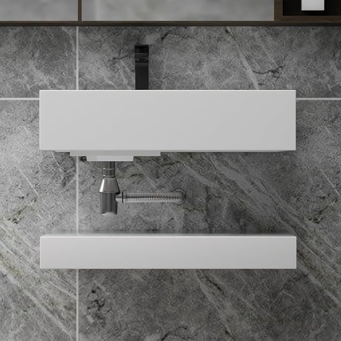 Wall-Mounted Resin Stone 24" Bathroom Sink, Seamless Integrated Vessel Sink with Sloped Design & Open Storage Shelf, Modern Floating Vanity for Bathrooms & Outdoor Spaces