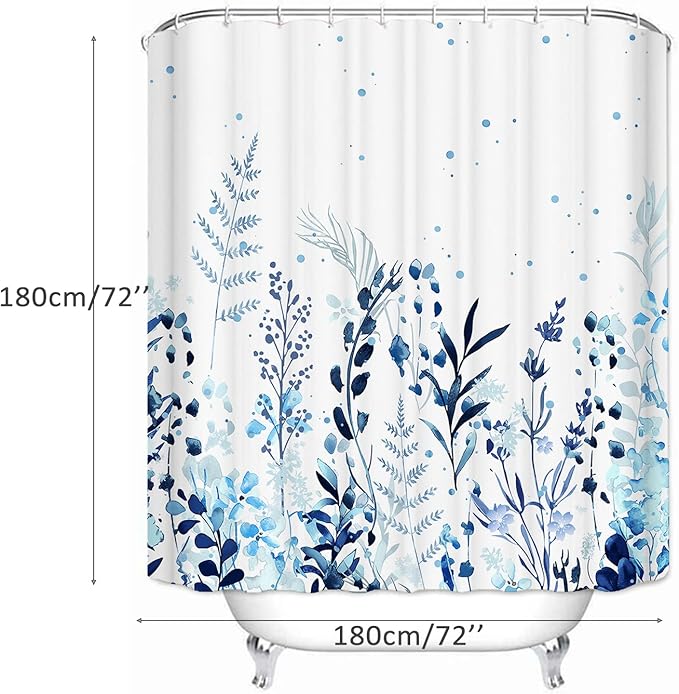 Botanical Shower Curtain - Blue, Waterproof with 12 Hooks (72" x 72")