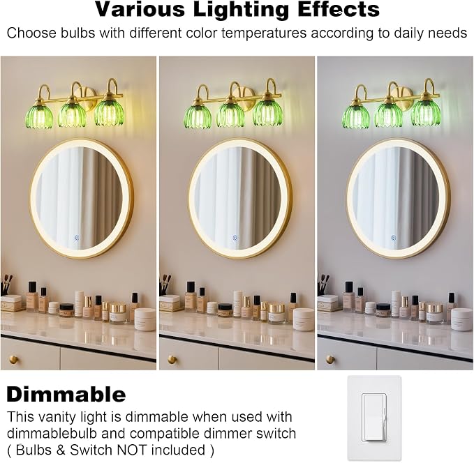 Vintage Bathroom Light Fixtures Gold, 3 Light Vanity Light with Green Glass Shade,E26 Base Bathroom Lighting Fixtures Over Mirror,Dimmable Vanity Lighting Fixtures for Restroom,Vanity,Mirror