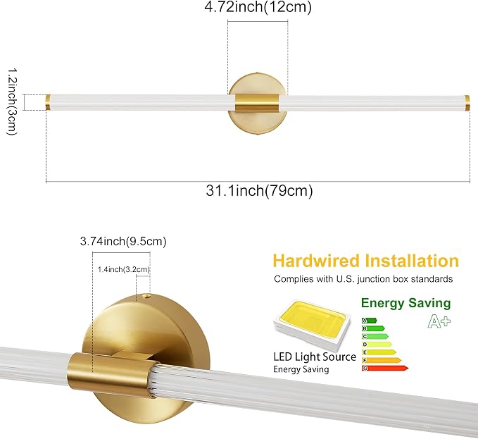 Glod Wall Sconces Set of Two Hardwired LED Vanity Light 31" | Dimmable 5CCT LED Bathroom Light Fixtures, 360° Full Lighting, Modern Vanity Light Bar for Bathroom Mirror