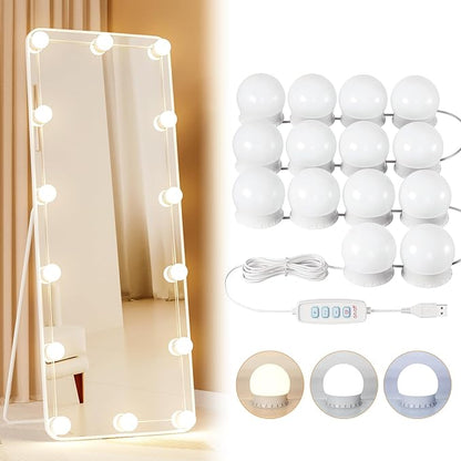 14 Bulbs LED Vanity Lights for Mirror, 3000K 4000K 6500K & 10-Brightness, Wire Length Adjustable, USB Cable, Hollywood Mirror Lights for Makeup Dressing Room Bathroom, White