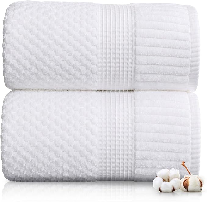 2 Pack Oversized Bath Towels 100% Cotton | White Towels | Oeko‑TEX Standard 100 | Soft & Absorbent, Quick‑Dry | Trinity Collection - Bright White